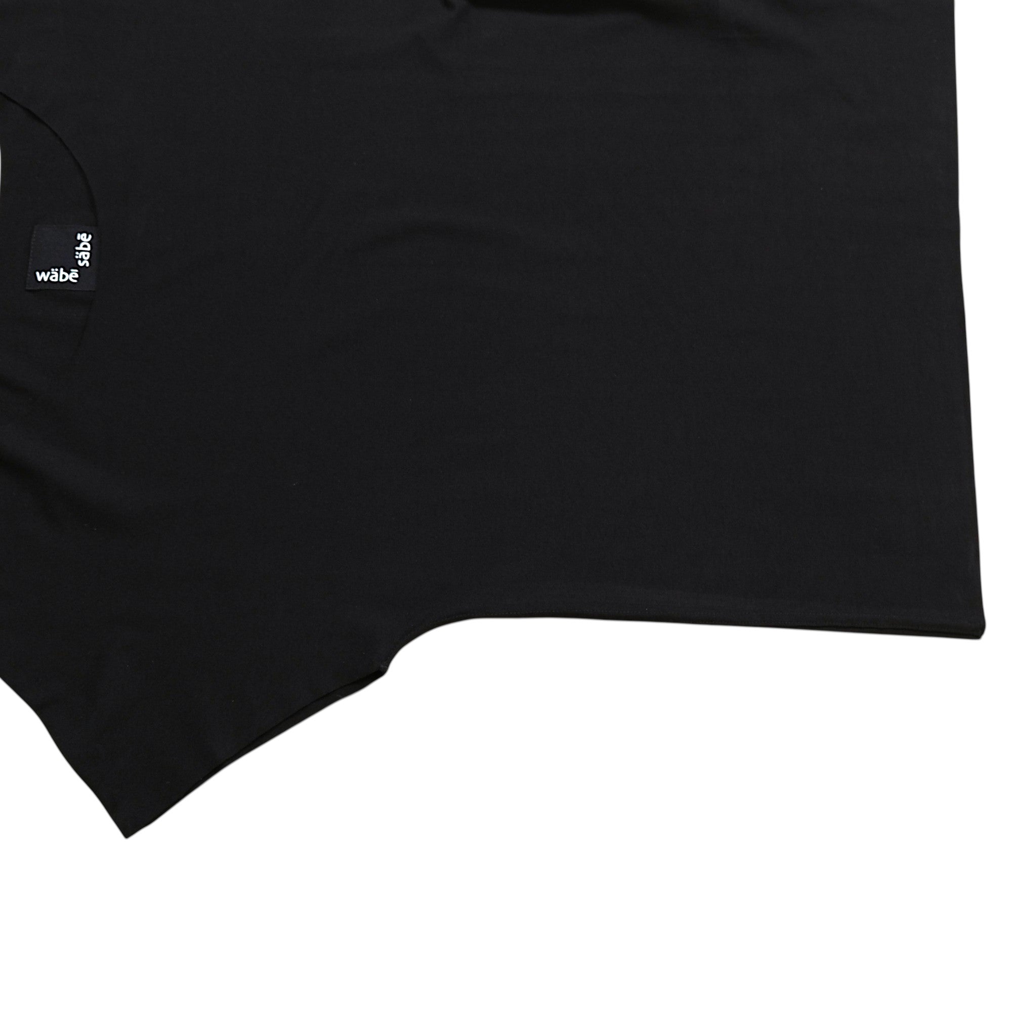 Black t-shirt with a brand label on a white background