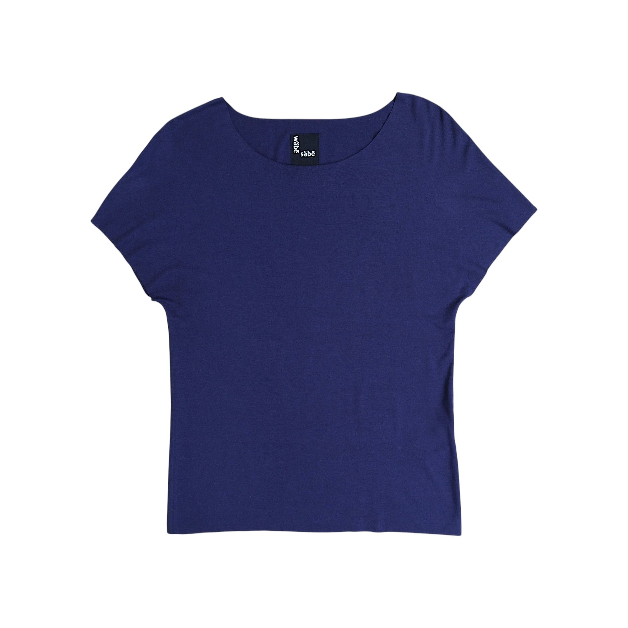 Blue t-shirt with a brand label on a white background